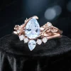 Pear Cut Natural Aquamarine Engagement Ring & Wedding Set – 14K Rose Gold Leaf Vine Band – Nature-Inspired Bridal Jewelry