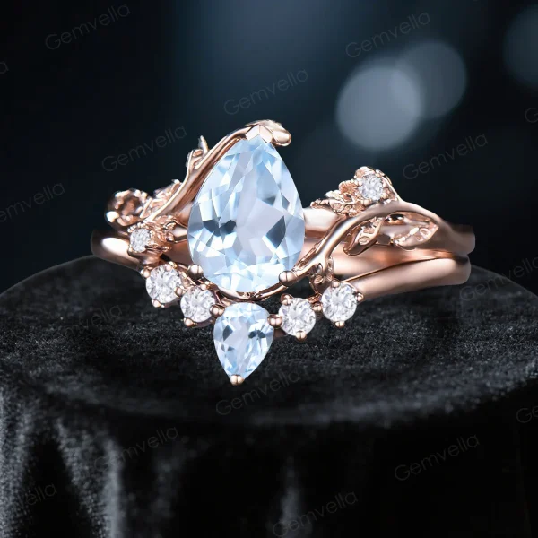 Pear Cut Natural Aquamarine Engagement Ring & Wedding Set – 14K Rose Gold Leaf Vine Band – Nature-Inspired Bridal Jewelry