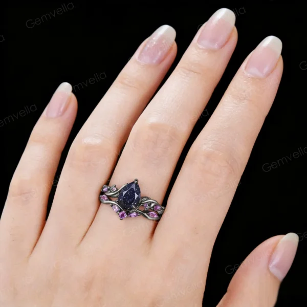 Nature-Inspired Engagement Ring Set: 1.25ct Pear-Cut Galaxy Blue Sandstone & Amethyst in Black Gold, Twig Vine Design