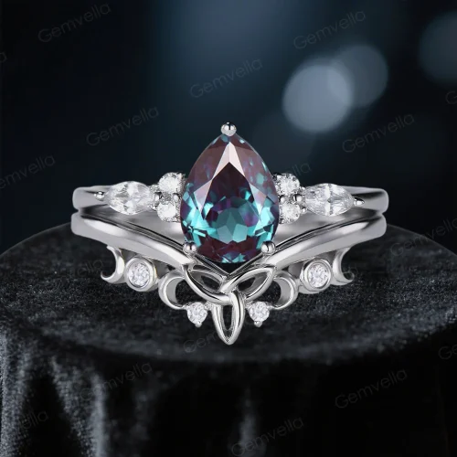 Pear-cut alexandrite engagement ring with Celtic knot wedding band set, color-changing gemstone for June birthdays