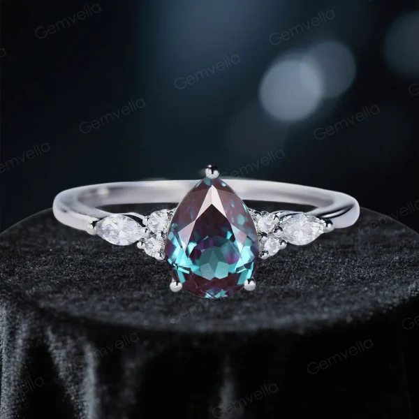 Standalone pear alexandrite engagement ring with sparkling color-shifting gemstone