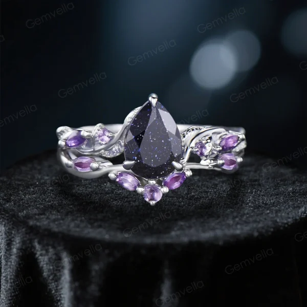 Nature-Inspired Engagement Ring Set: 1.25ct Pear-Cut Galaxy Blue Sandstone & Amethyst in Black Gold, Twig Vine Design