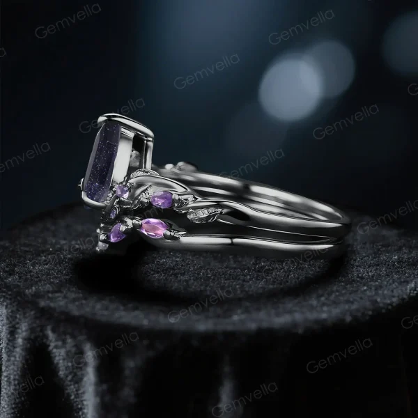 Nature-Inspired Engagement Ring Set: 1.25ct Pear-Cut Galaxy Blue Sandstone & Amethyst in Black Gold, Twig Vine Design