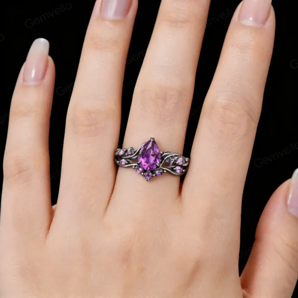 1.25ct Pear-Cut Amethyst Black Gold Twig Vine Engagement Ring Set, nature-inspired design, worn on hand