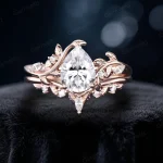 1.25ct Pear Moissanite Engagement Ring Set 14K Rose Gold – Nature Inspired Leaf Vine Bypass Wedding Band for Women