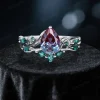 Vintage Pear Cut Alexandrite Engagement Ring Set, Twig Vine Nature Inspired Emerald Promise Ring, Antique Noble Bridal Jewelry Gift