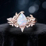 1.25ct Pear Cut White Opal Ring Set in 14K Rose Gold - Nature Inspired Leaf Vine Branch Bridal Set - Unique Wedding Ring Set for Her