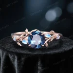 Natural London Blue Topaz & Moonstone Ring - Vintage Rose Gold Round Engagement Ring - Nature Inspired December Birthstone Jewelry for Women