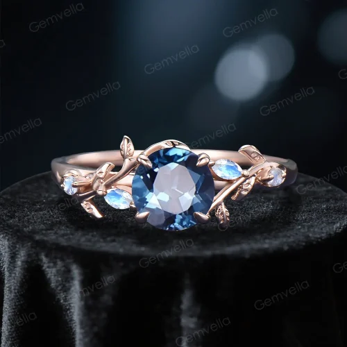 Natural London Blue Topaz & Moonstone Ring - Vintage Rose Gold Round Engagement Ring - Nature Inspired December Birthstone Jewelry for Women