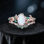 Nature Inspired 1.5ct Oval Cut White Opal Bridal Ring Set 10K Rose Gold Leaf Vine Branch Engagement Ring with Emerald & Moss Agate