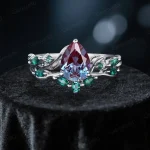 Vintage Pear Cut Alexandrite Engagement Ring Set, Twig Vine Nature Inspired Emerald Promise Ring, Antique Noble Bridal Jewelry Gift