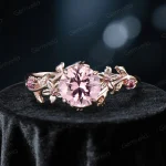 Vintage Round Cut Pink Sapphire Engagement Ring with Pink Tourmaline Accents - 14k Gold Floral Design - Nature Inspired Leaf Vine Branch Ring