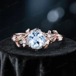 Vintage Round Cut Natural Aquamarine Engagement Ring with Moissanite Accents - 14k Gold Floral Design - Nature Inspired Leaf Vine Branch Ring