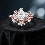 Handcrafted 14K Rose Gold Pear Cut Moissanite Ring Set - Unique Stars Moon & Twisted Leaf Vine Design - Nature Inspired Bridal Engagement Ring