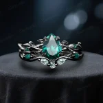 Black Gold 1.25ct Pear Cut Emerald & Moss Agate Engagement Ring Set - Twig Vine Goth Bridal Jewelry - Wedding Promise Rings for Her