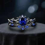 Black Gold 1.25ct Pear Cut Blue Sapphire Engagement Ring Set - Twig Vine Goth Bridal Jewelry - Wedding Promise Rings for Her