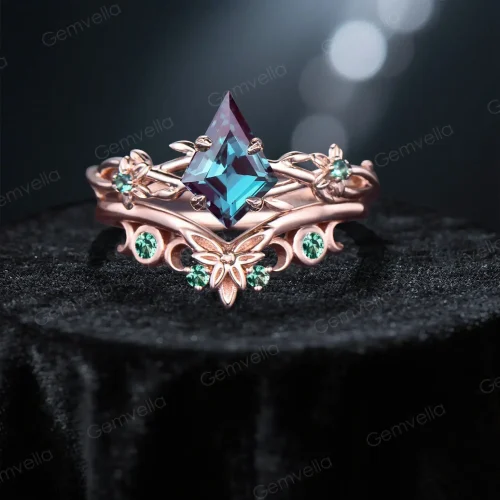 1ct kite cut color change alexandrite engagement ring set featuring celtic knot and twisted twig vine design in 14k rose gold front view.