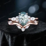 1.5ct Oval Cut Natural Green Moss Agate & Marquise Moissanite Cluster Bridal Set - 10K Rose Gold Engagement Ring & Matching Band for Her