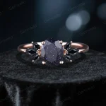 1.5ct Oval Cut Blue Sandstone & Marquise Black Spinel Cluster Engagement Ring - 14K Rose Gold Art Deco Wedding Ring - Vintage Gemstone Jewelry Gift