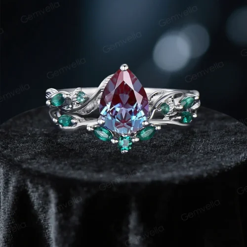 Vintage Pear Cut Alexandrite Engagement Ring Set, Twig Vine Nature Inspired Emerald Promise Ring, Antique Noble Bridal Jewelry Gift
