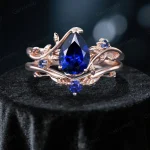 1.25ct Pear Cut Blue Sapphire Engagement Ring Set - Nature Inspired Leaf & Branch Bridal Set - Handmade Wedding Ring for Her