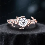 1ct Round Cut Moissanite Engagement Ring - Nature Inspired Dainty Leaf & Vintage Moon Star Design - Unique Bridal Jewelry for Her