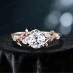 Vintage Rose Gold Round Cut Moissanite Engagement Ring - Diamond Alternative Bridal Ring - Nature Inspired Leaf Vine Wedding Jewelry for Her