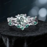 Vintage 1.2ct Round Cut Natural Moss Agate Ring Set - Twisting Vine Leaf Design with Green Emerald - Handcrafted Fine Jewelry Gift