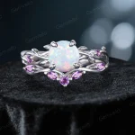Vintage 1.2ct Round Cut White Opal Ring Set - Twisting Vine Leaf Design with Natural Amethyst - Handcrafted Fine Jewelry Gift