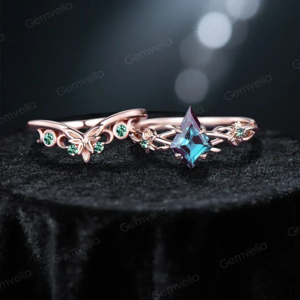 Flat lay of 2 piece bridal set including kite cut alexandrite ring and celtic knot wedding band in rose gold.