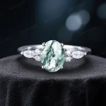 1.5ct Oval Cut Moss Agate & Marquise Moissanite Engagement Ring – Handmade Vintage Bridal Jewelry – Promise & Anniversary Gift for Her