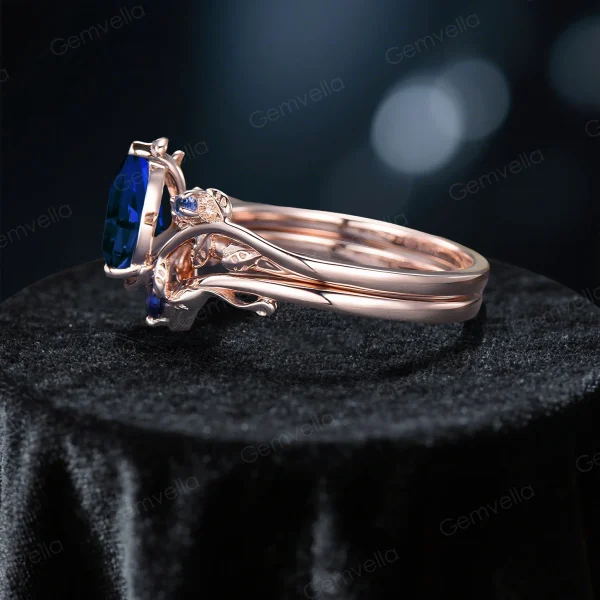 Side Profile of 1.25ct Blue Sapphire Leaf Ring Set - Showing Branch Detail & Band Thickness