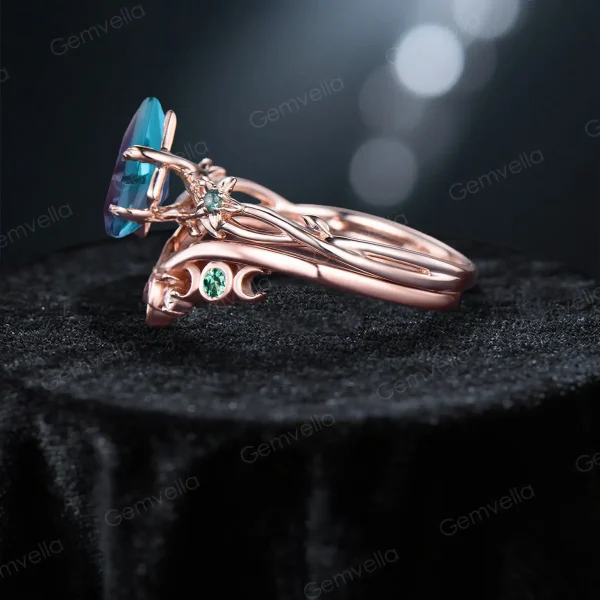 Side profile of 14k rose gold bridal set showing twisted twig vine texture, celtic knot details, and stone setting height.