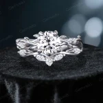 Vintage 1.2ct Round Cut Green Moissanite Engagement Ring Set - Twisting Vine Leaf Nature Inspired Design - Dainty Stackable Rings