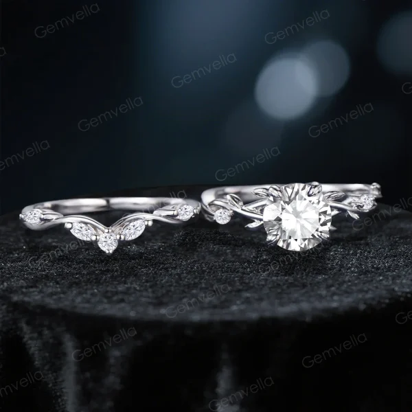 Flat lay photography of the 1.2ct round cut moissanite ring set showing the full circumference of the twisting vine band.