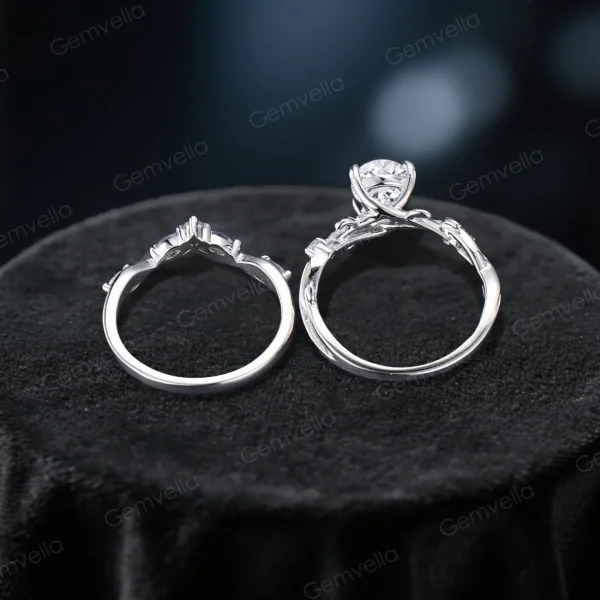 Top-down close-up showing the band thickness and the 1.2ct round cut moissanite table within the nature-inspired vine setting.