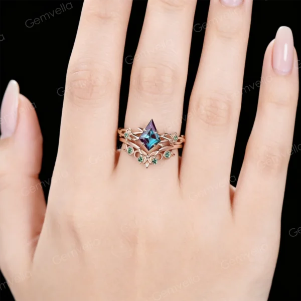 Woman hand wearing 1ct kite cut alexandrite celtic knot bridal set on finger showing color change effect and fit.