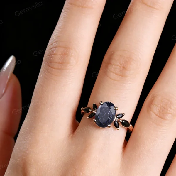 1.5ct Oval Cut Blue Sandstone & Marquise Black Spinel Cluster Engagement Ring - 14K Rose Gold Art Deco Wedding Ring - Vintage Gemstone Jewelry Gift