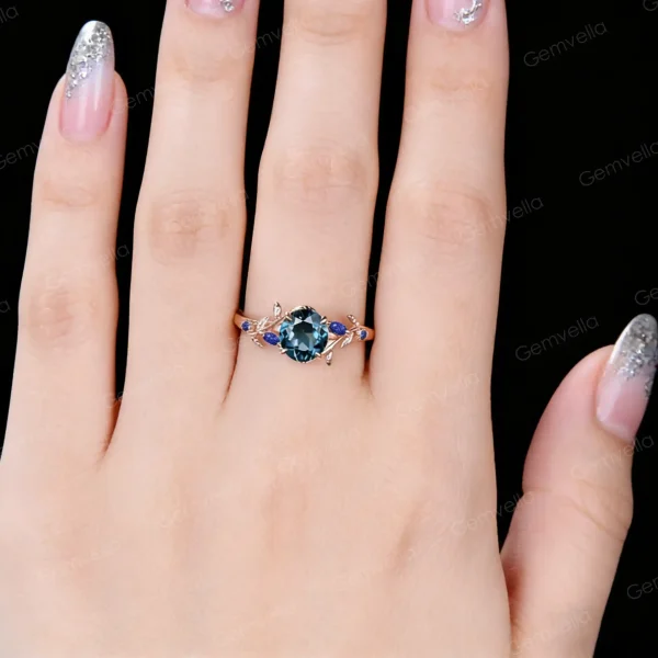 1ct London Blue Topaz & Blue Sapphire Ring on Hand - Real Life Wear Rose Gold Dual Gemstone Engagement Ring Finger Close-Up