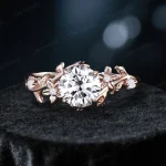1ct Round Cut Moissanite Engagement Ring - Vintage 14k Gold Floral Design - Nature Inspired Leaf Vine Branch Ring