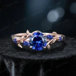 Vintage Blue Sapphire Ring in Rose Gold - Leaf Vine Nature Inspired Round Gemstone Engagement Ring for Her - Elegant Bridal Jewelry