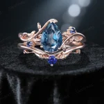 1.25ct London Blue Topaz Engagement Ring Set with Blue Sapphire Wedding Band - Nature-Inspired Leaf & Branch Design - Unique Handmade Bridal Jewelry Set